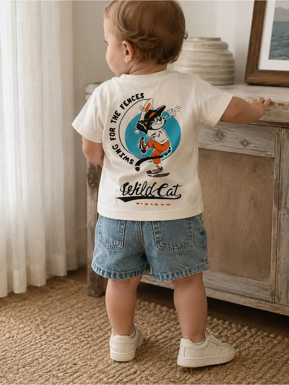 SHEIN Cream Wild Cat Graphic Tee with Blue & Orange Print